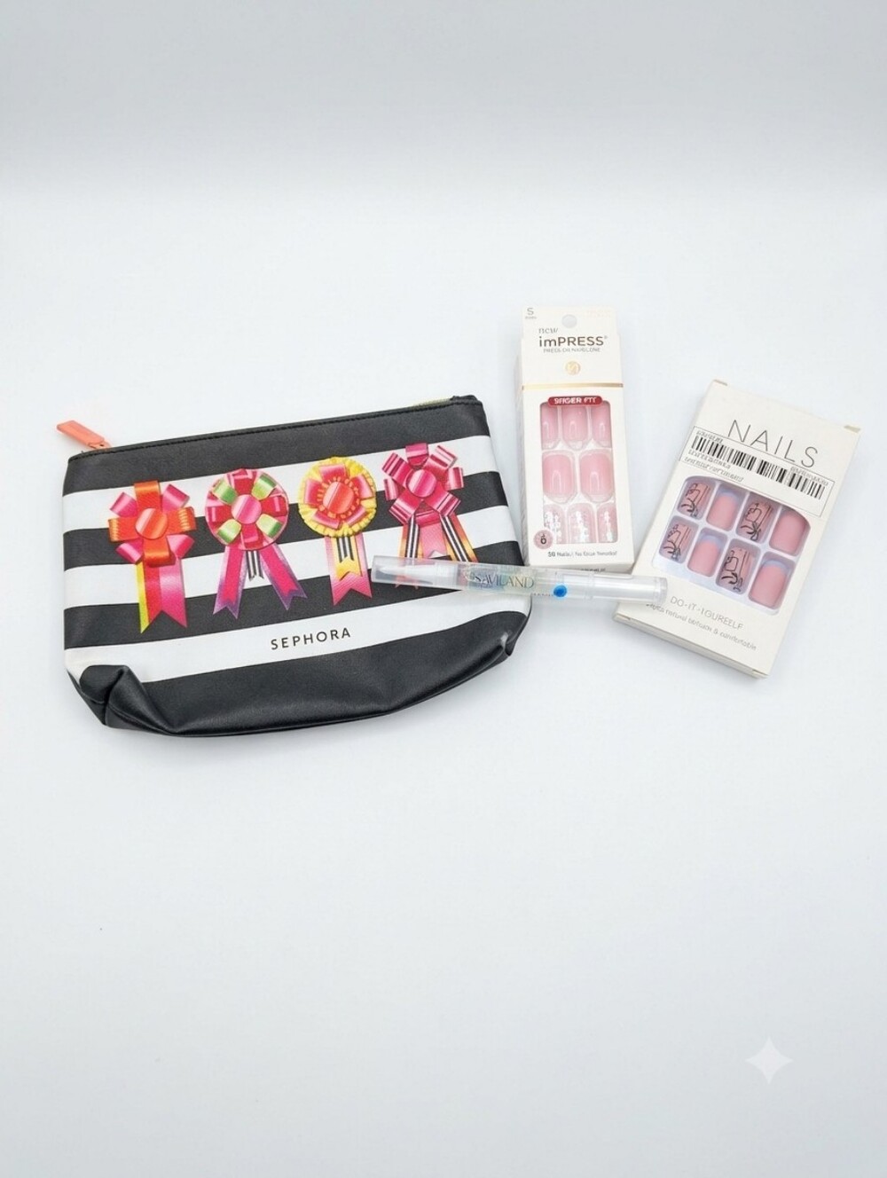 Sephora Black & White Striped Pouch with Nail Sets